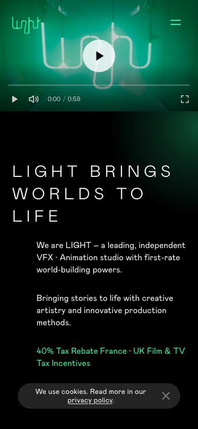 Light VFX’s homepage on a phone